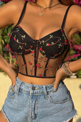Brassière bustier en maille brodée de fleurs noires